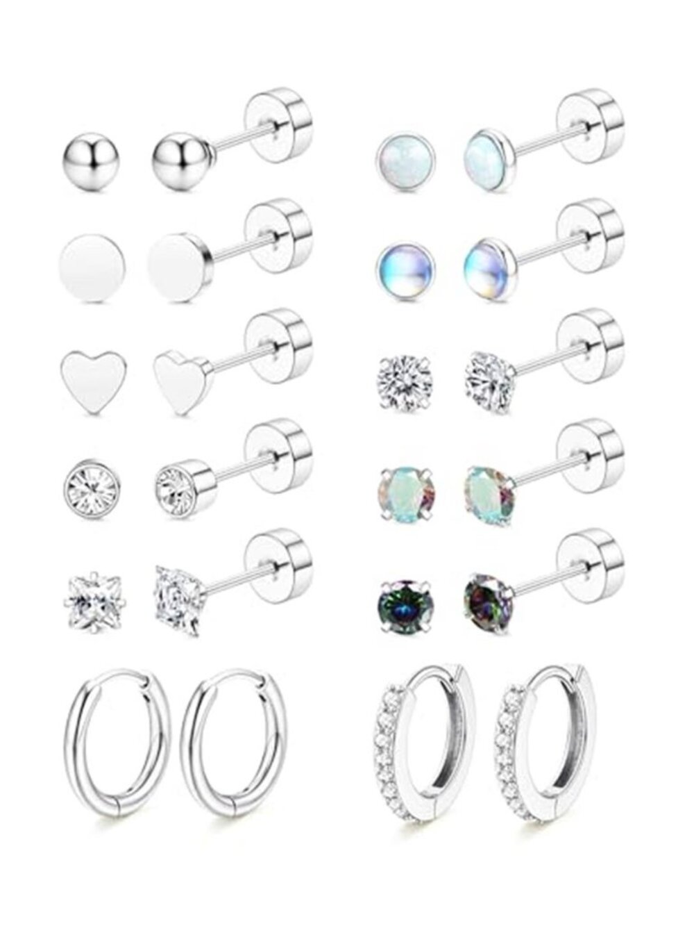 12 Pairs Women's Hypoallergenic Flat Back Stud Earrings for Sensitive Ears